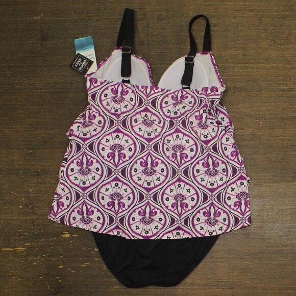 NWT Swim Solutions Printed Tiered Fauxkini One-Piece Swimsuit Magenta Purple 14 - Picture 5 of 8